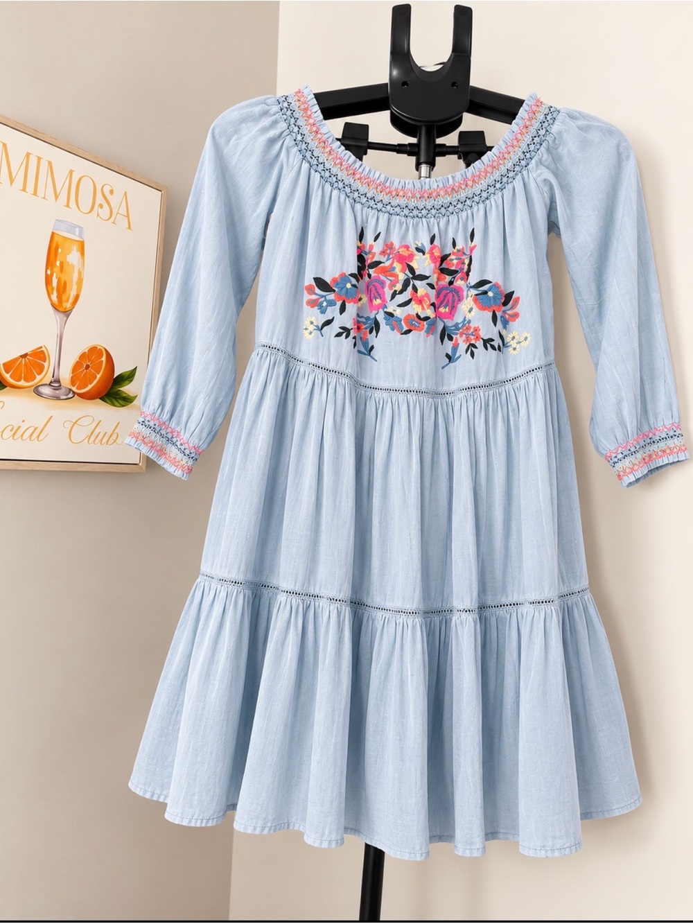 Free People Light Blue Off-Shoulder Embroidered Mini Dress